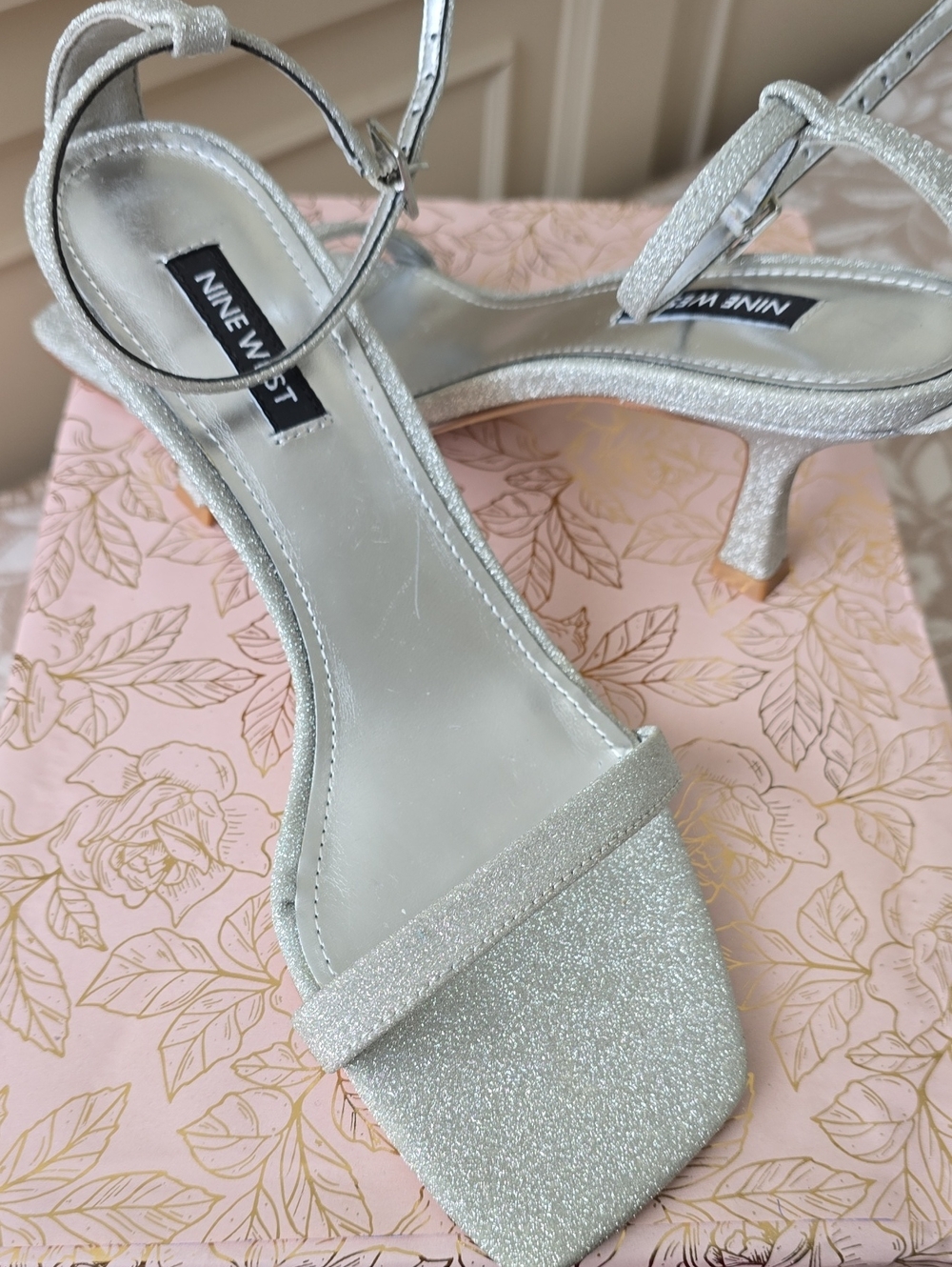 Nine West Sparkling Silver Ankle-Strap Heels 2 Inch